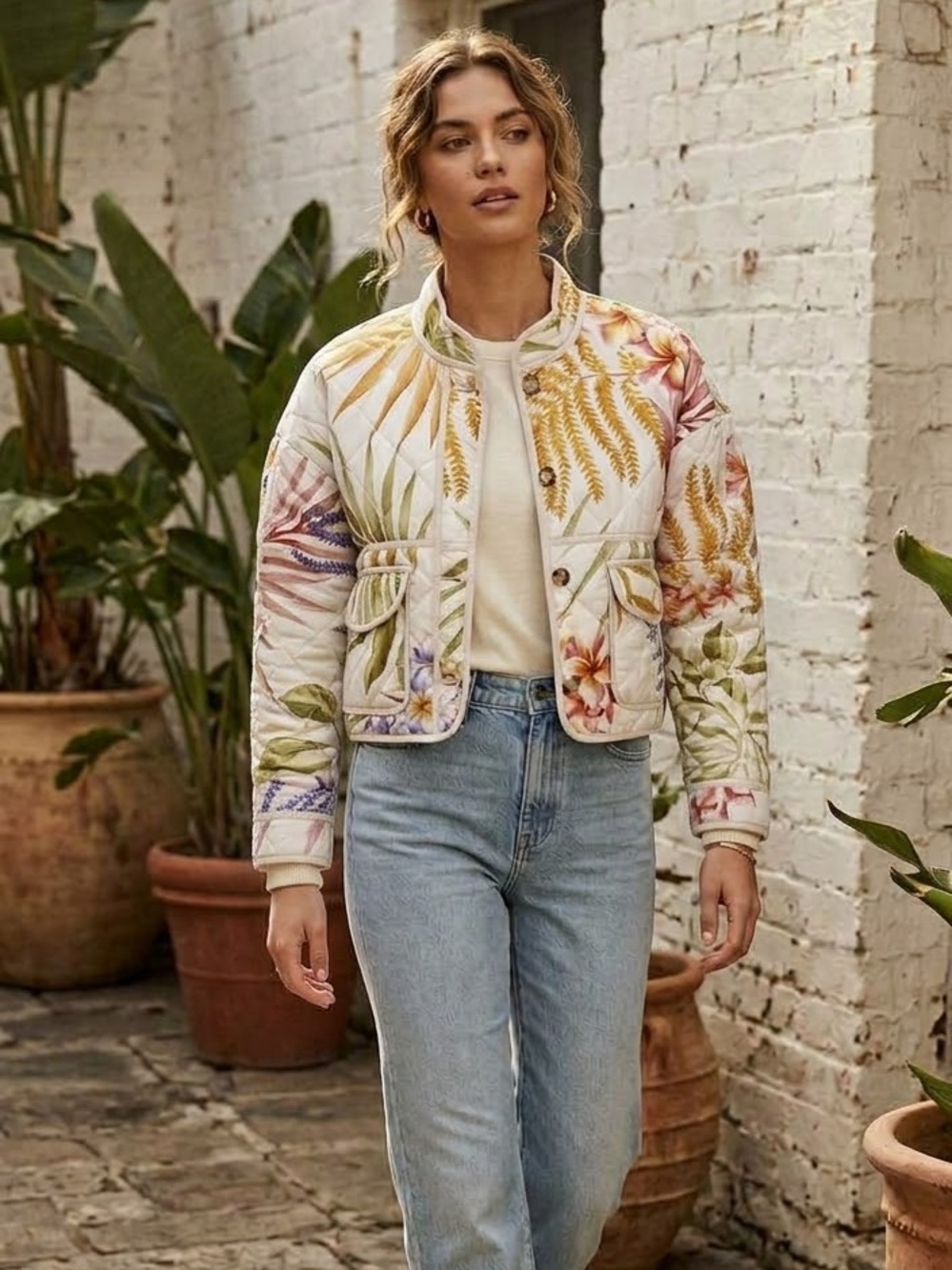 7 For All Mankind Tropical Floral Print Quilted Cropped Jacket Size XS